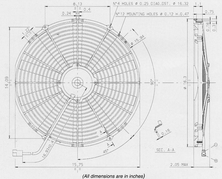 SPAL 16" Slim 12v Pull Fan - VA18-AP10/C-41A